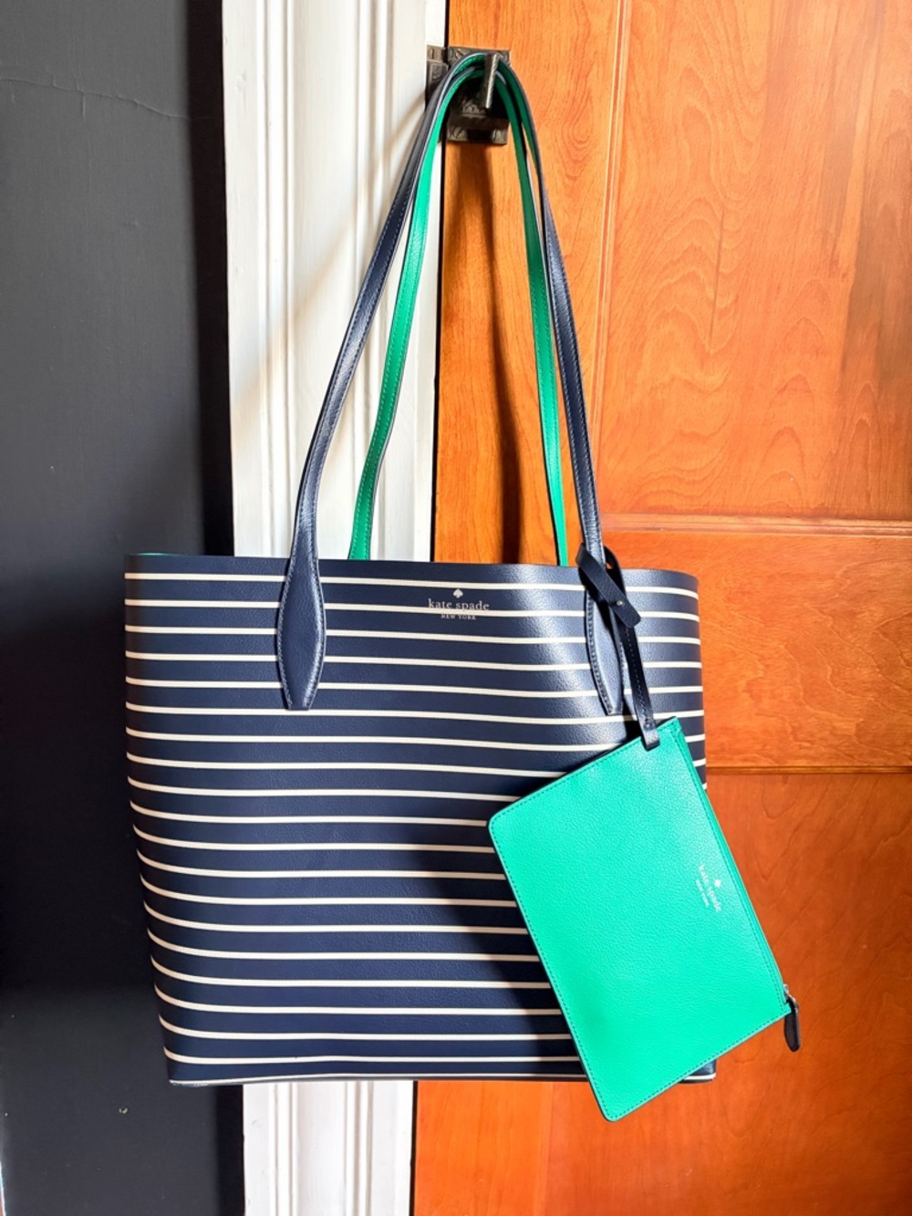 kate spade Navy and White Striped Tote with Green Pouch